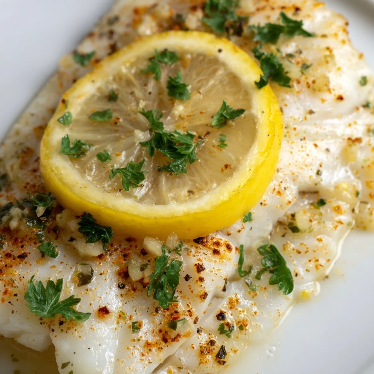 Tender baked fish fillet garnished with lemon and parsley, plated with roasted vegetables.