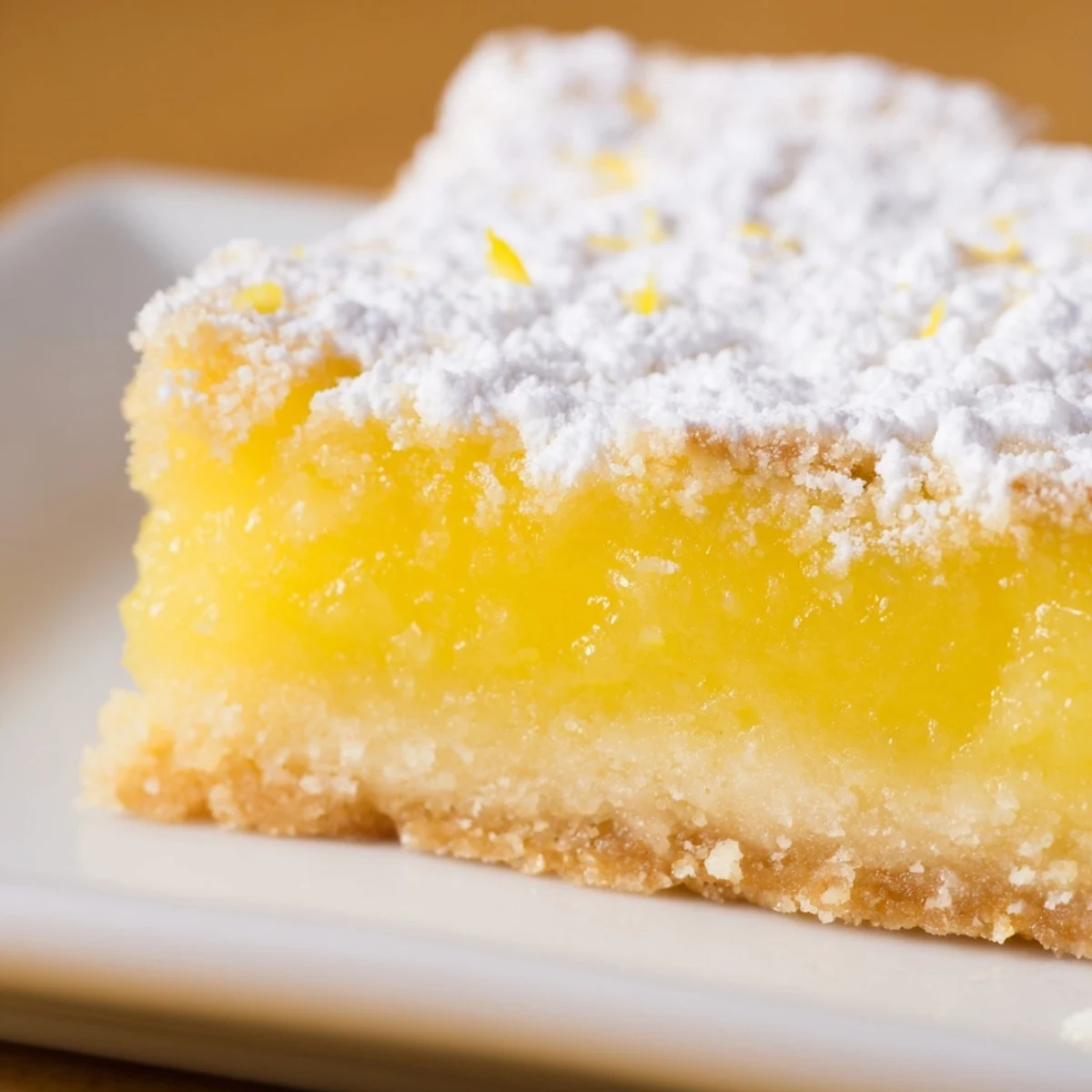 Freshly baked Lemon Treat Bars with a golden shortbread crust and a bright, custardy lemon layer, dusted with powdered sugar on a cooling rack.