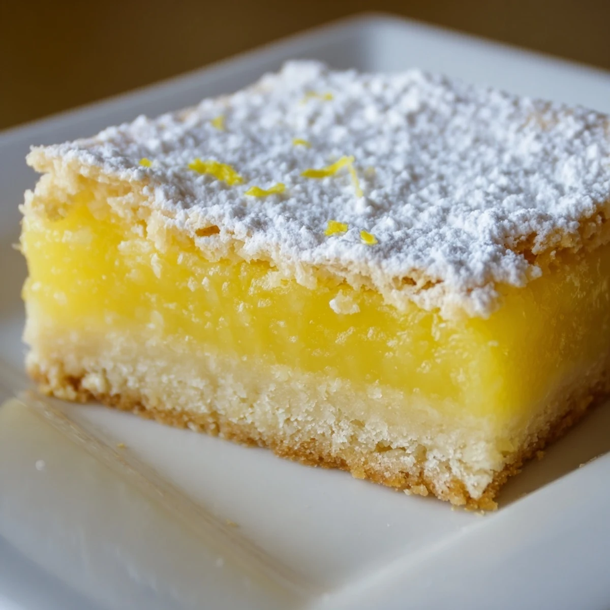 Homemade Lemon Treat Bars on a white plate, showcasing a zesty lemon topping and crumbly base, perfect for afternoon tea gatherings.