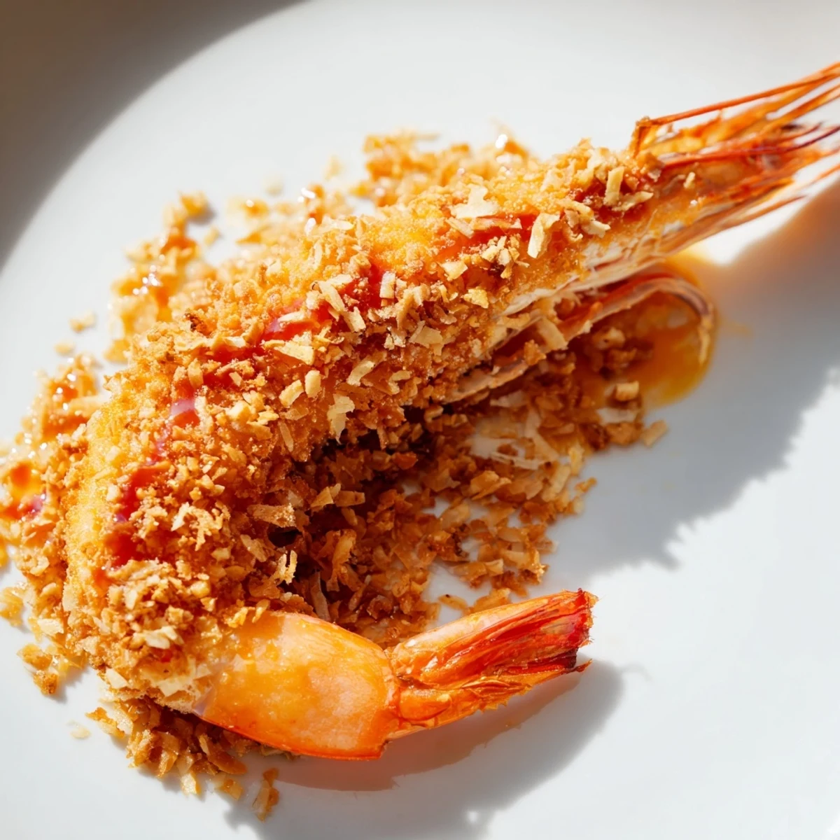 Golden-brown Crispy Coconut Shrimp with Sweet Chili Sauce arranged on a platter next to a dipping bowl. 
