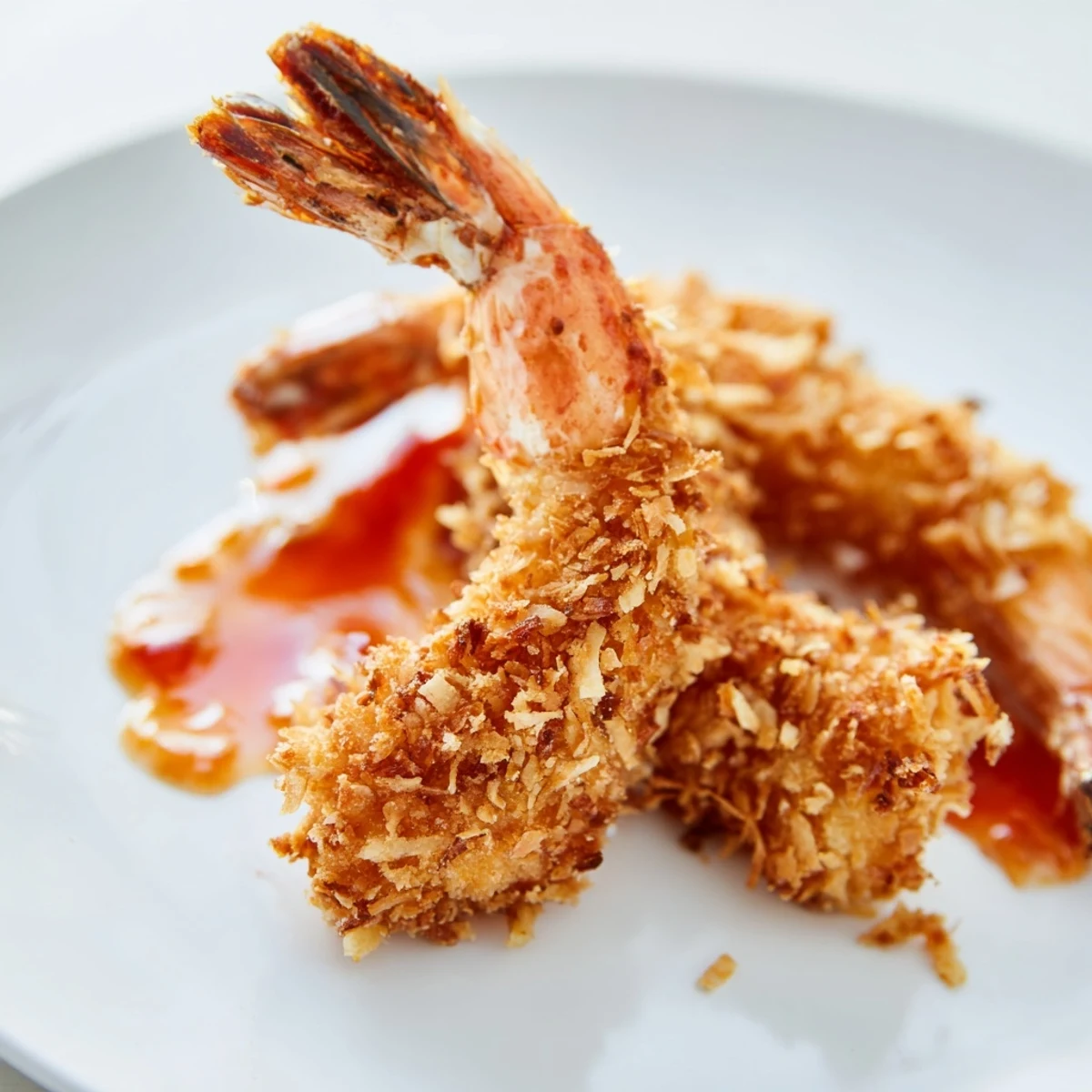 Freshly fried Crispy Coconut Shrimp with Sweet Chili Sauce served on a white plate.