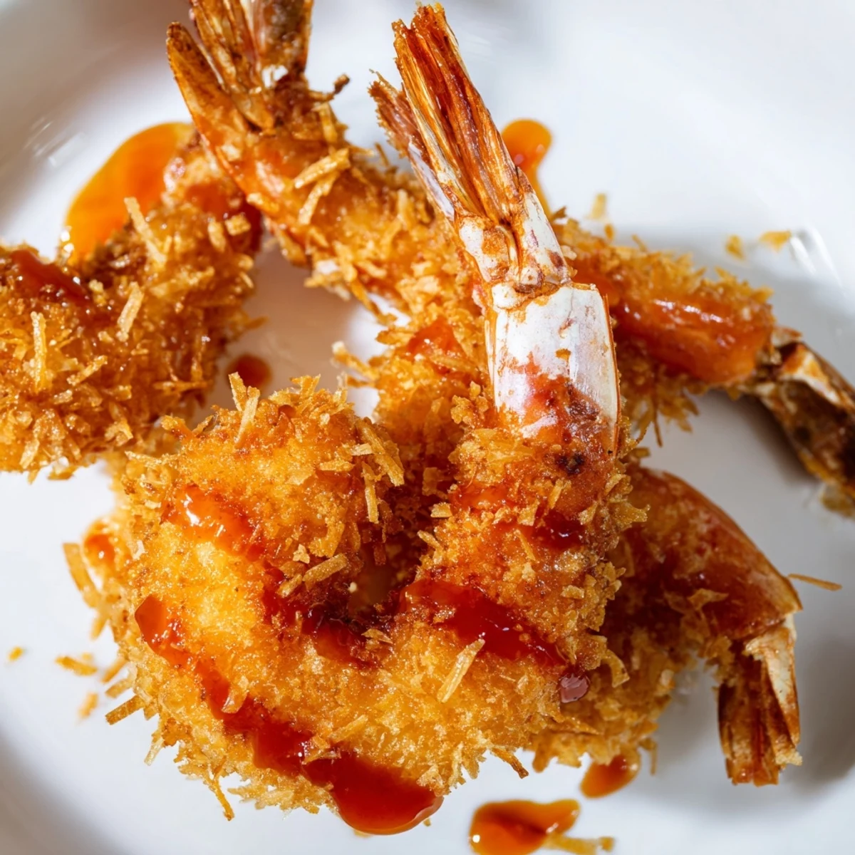 Plate of Crispy Coconut Shrimp with Sweet Chili Sauce showing golden breading and shrimp tails. 