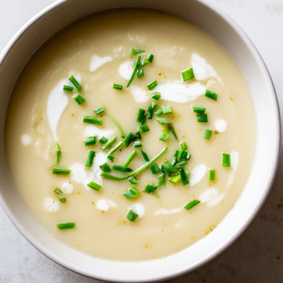 A steaming pot of Creamy Potato Leek Soup with Chives ready to serve, with crusty bread on the side.