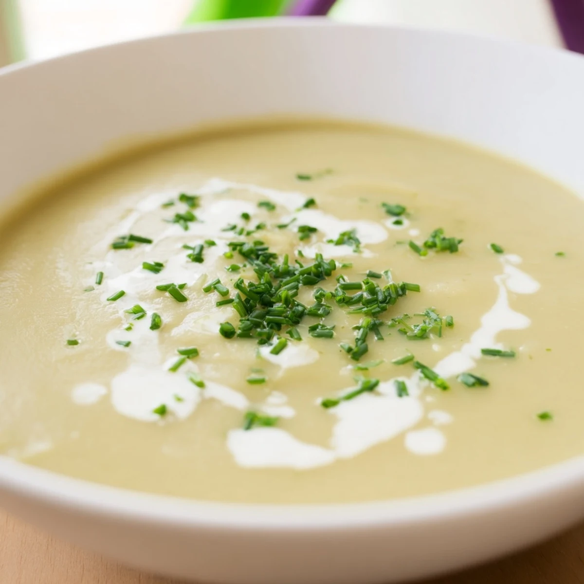 Creamy Potato Leek Soup with Chives ladled into a white bowl, garnished with fresh chopped chives and a swirl of cream.