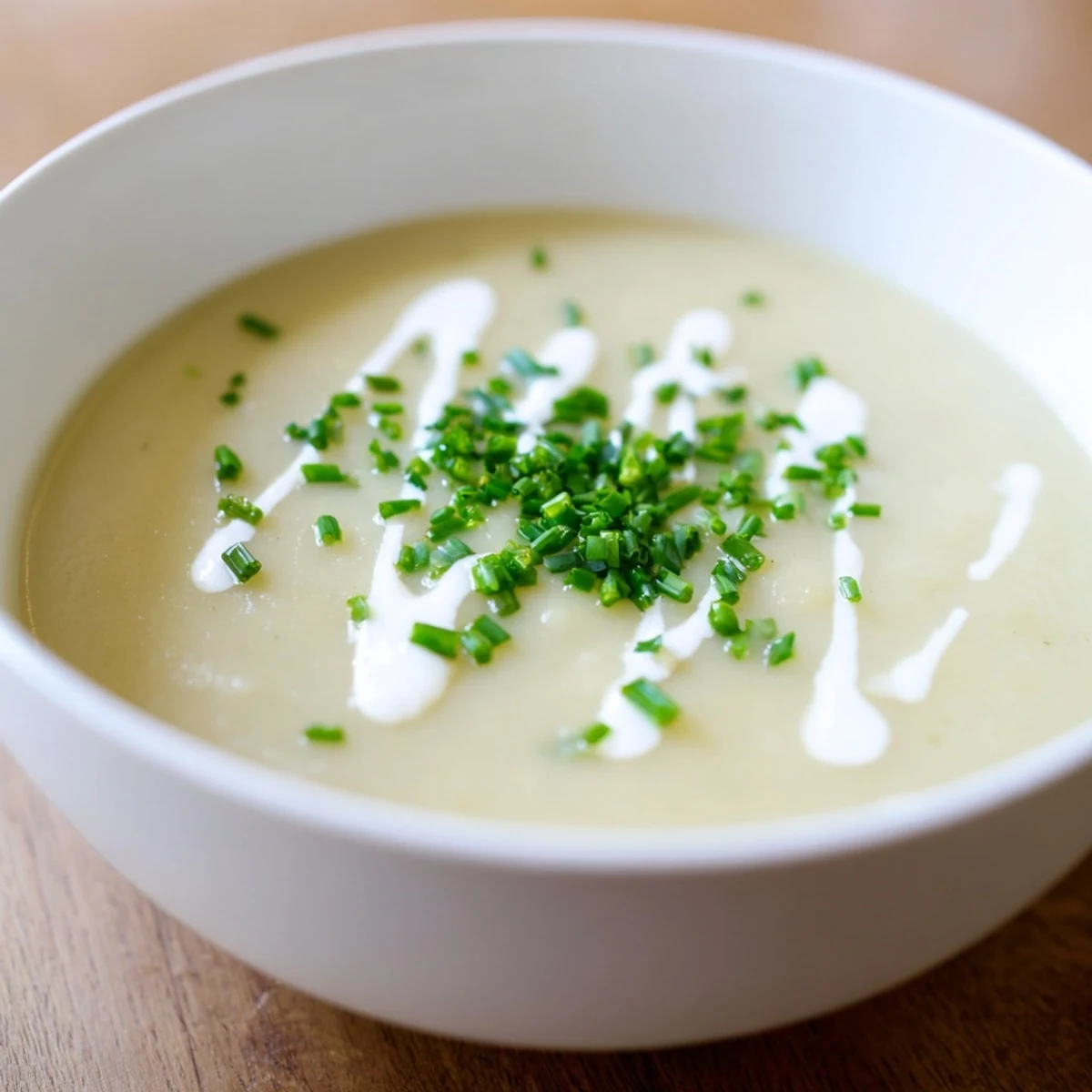 Freshly prepared Creamy Potato Leek Soup with Chives topped with chives, sitting on a rustic wooden table.