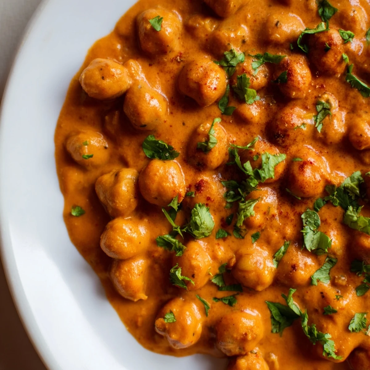 Steamed basmati rice is topped with vibrant Vegan Chickpea Tikka Masala, garnished with cilantro and lemon wedges.