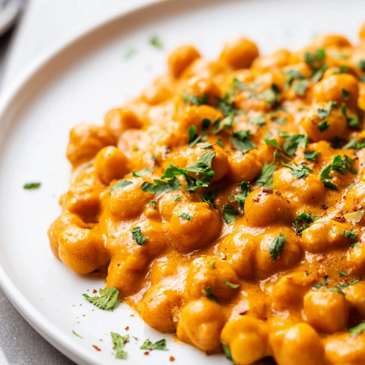 A bowl of fluffy rice and creamy Vegan Chickpea Tikka Masala, featuring tender chickpeas in a rich orange sauce.