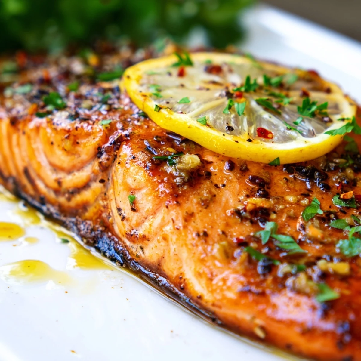 Freshly roasted Sheet Pan Salmon and Green Beans glistening with a zesty lemon-garlic marinade. 