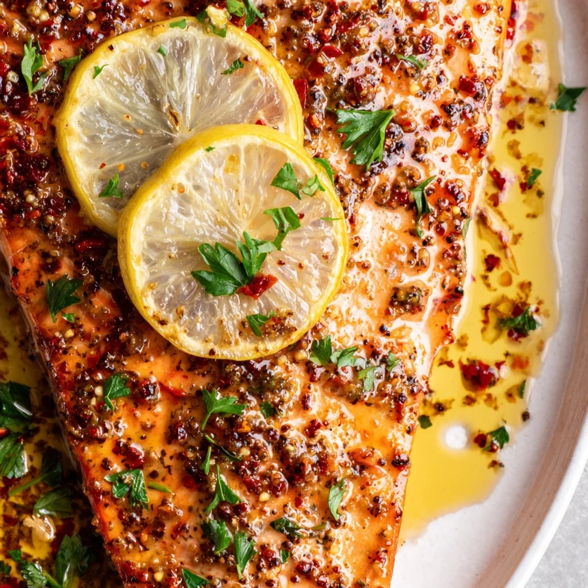 Golden-baked salmon fillets and crisp-tender green beans on a rustic sheet pan garnished with parsley. 