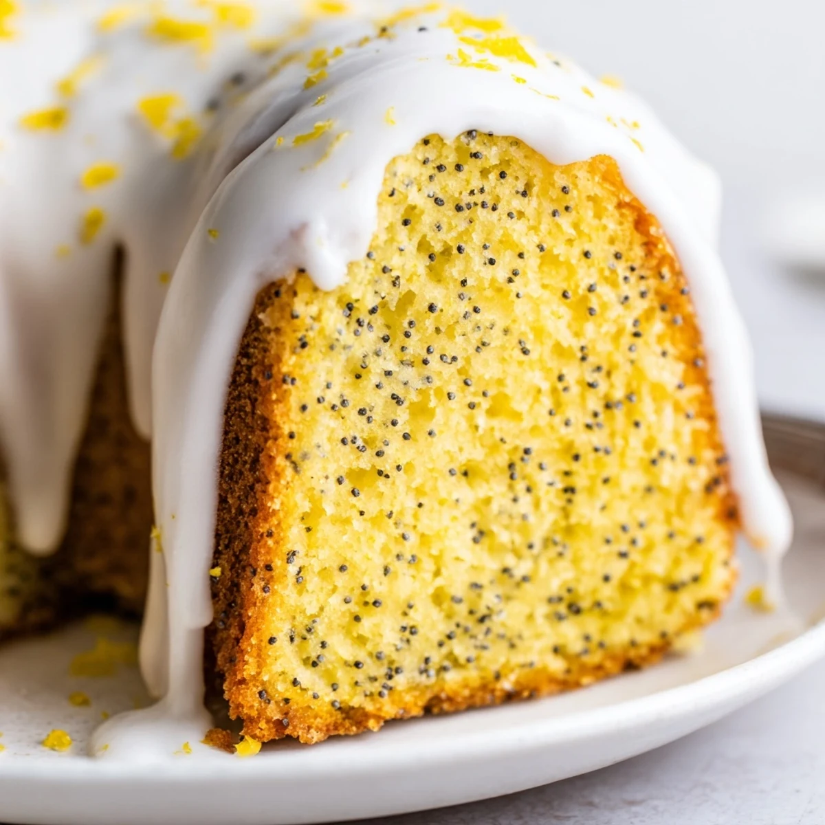 A freshly sliced piece of Lemon Poppy Seed Bundt Cake reveals a tender crumb with poppy seeds, beside a serving of whipped cream.