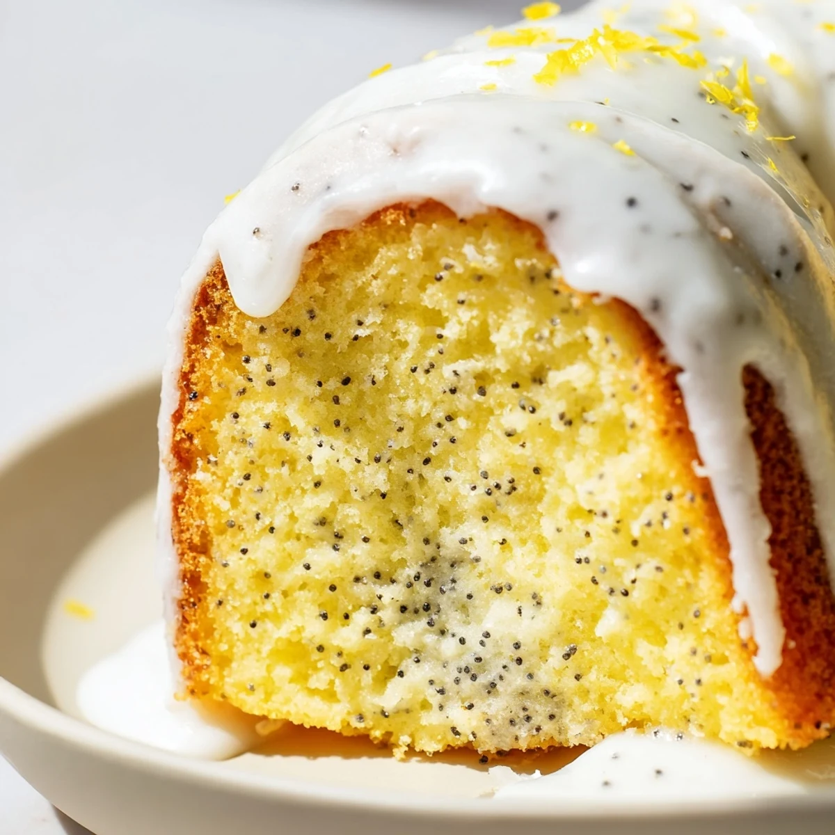 Close-up on the shiny lemon glaze dripping down the moist Lemon Poppy Seed Bundt Cake, highlighting the golden crust.