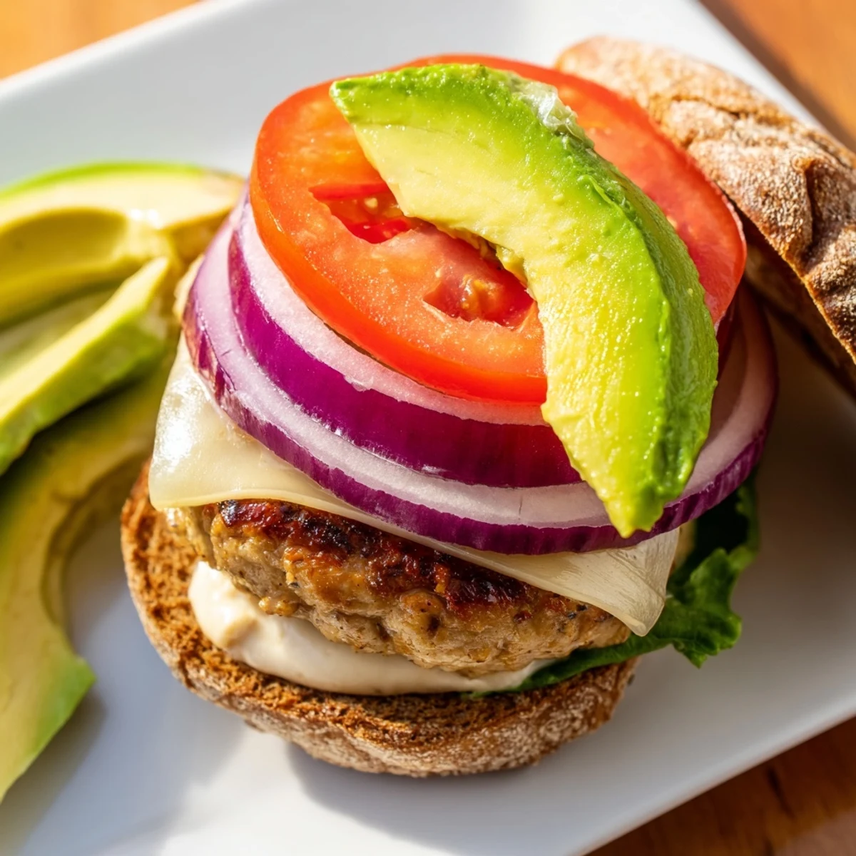 Golden-brown turkey burger with melted Swiss cheese and avocado slices on a toasted whole wheat bun, garnished with fresh lettuce and red onion.