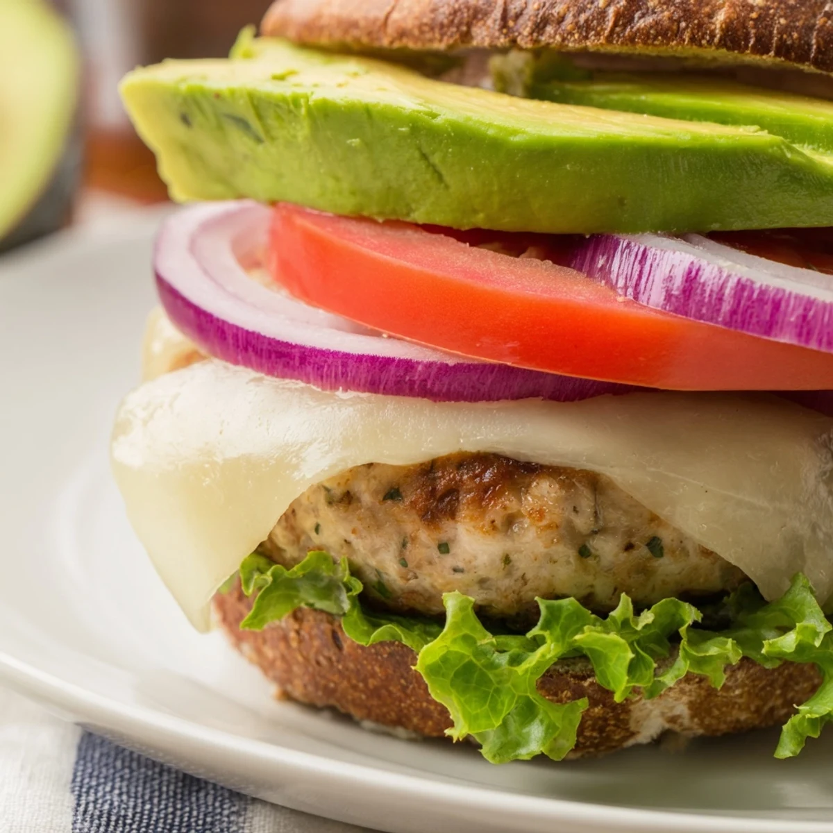 A fully assembled Turkey Burger with Avocado and Swiss Cheese on a plate, featuring creamy avocado and ripe tomato for a fresh, vibrant meal.