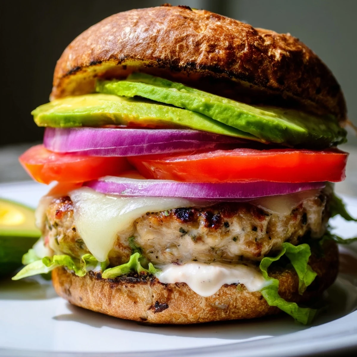 Close-up of a Turkey Burger with Avocado and Swiss Cheese, highlighting the juicy patty and melty cheese on a toasted bun.