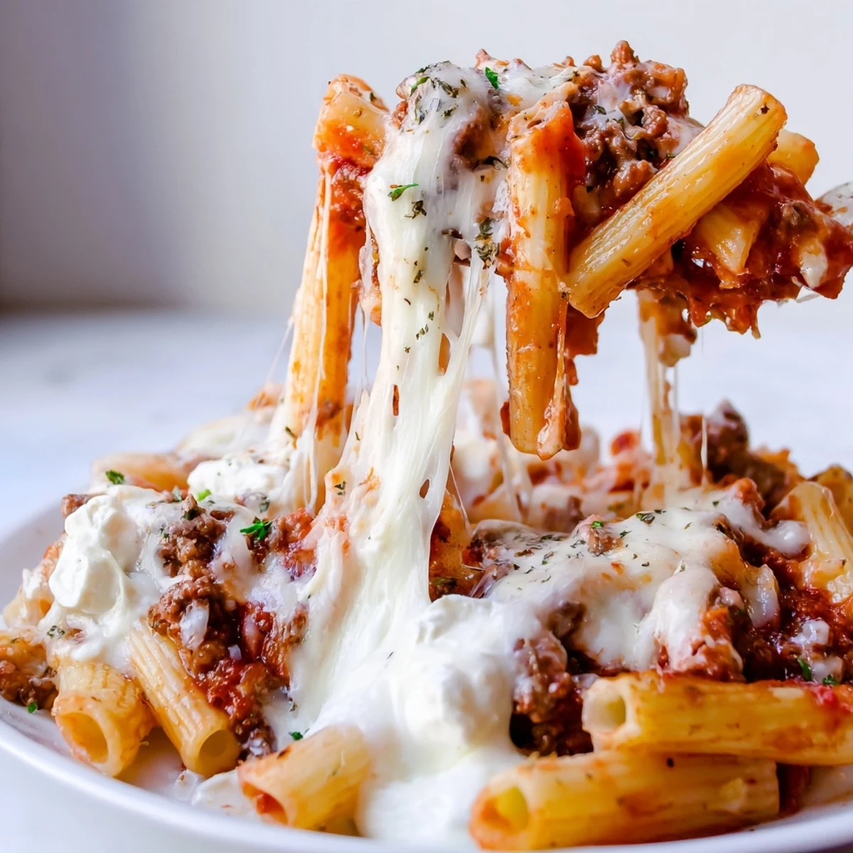 Golden, bubbly Baked Ziti with Ground Beef and Marinara fresh from the oven on a rustic table.