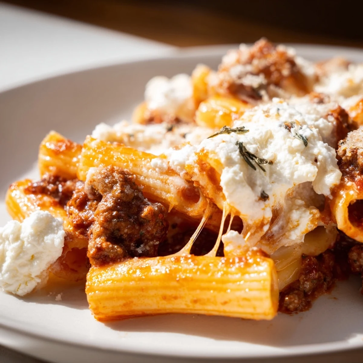 A hearty serving of Baked Ziti with Ground Beef and Marinara on a plate with fresh basil.