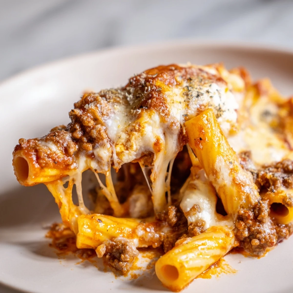 Close-up of Baked Ziti with Ground Beef and Marinara showcasing layers of pasta, meat sauce, and cheese.