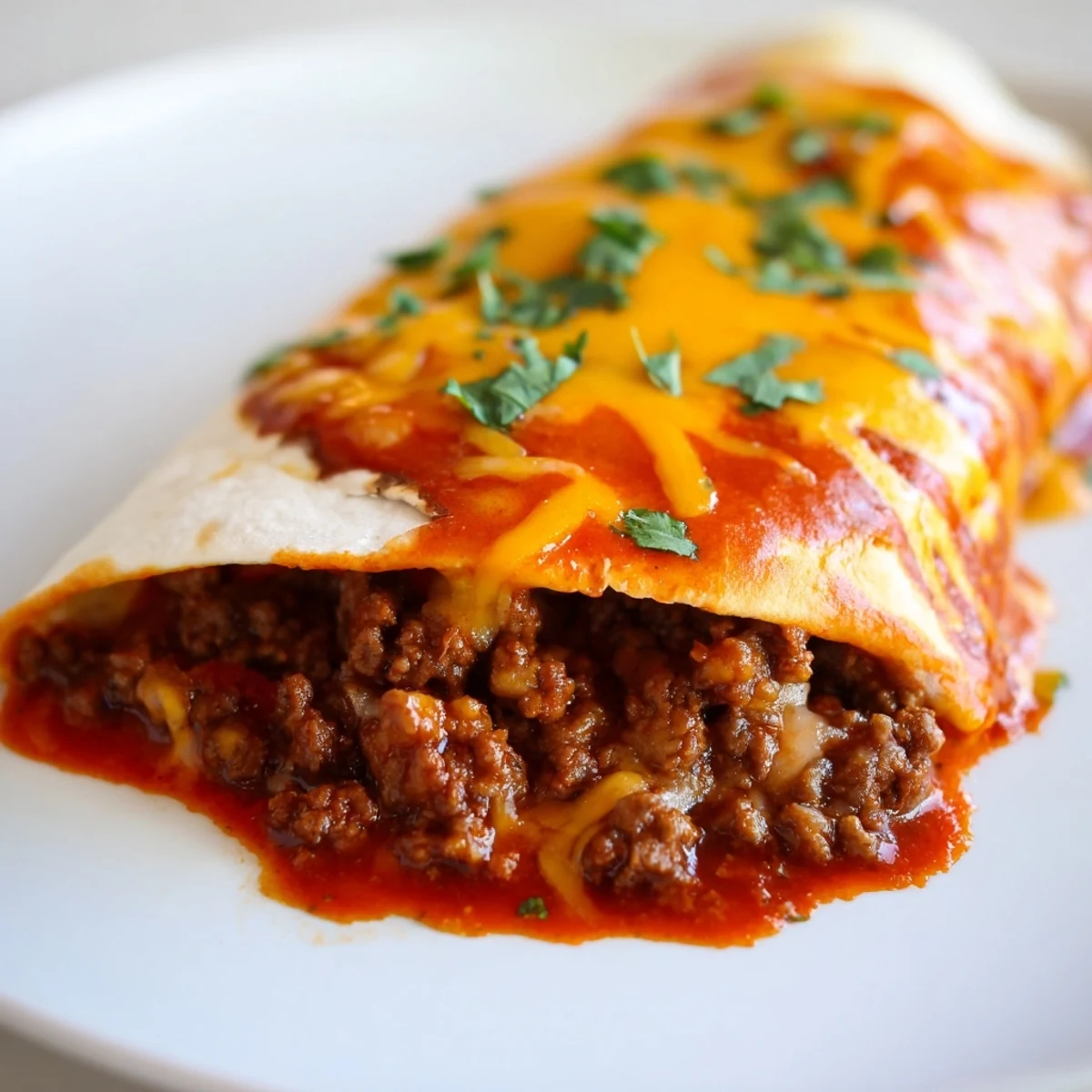 Tender ground beef and gooey cheese filling peek from soft tortillas smothered in homemade red enchilada sauce.