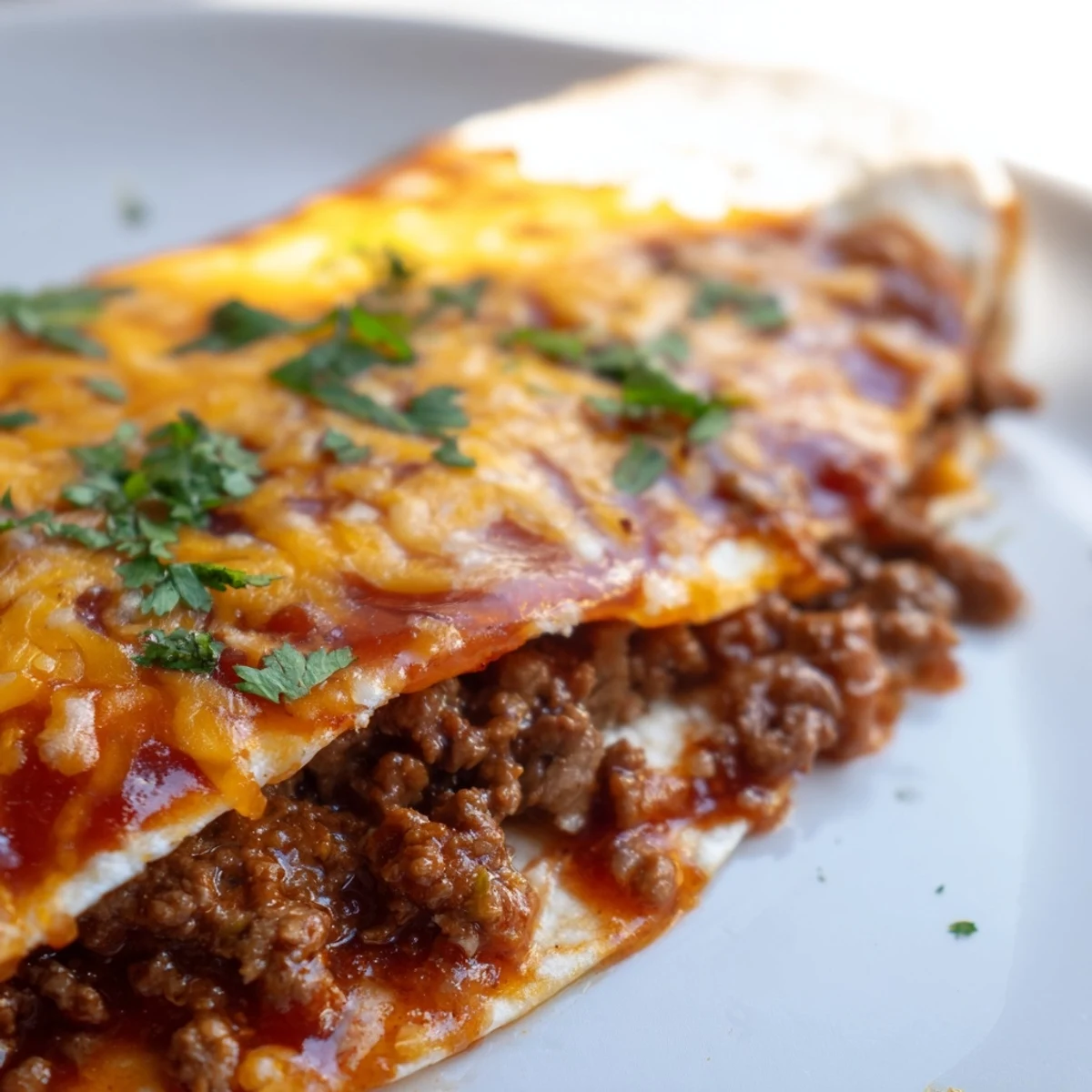 Golden-brown Beef Enchiladas with Red Enchilada Sauce bubbling with melted cheese in a white ceramic dish.