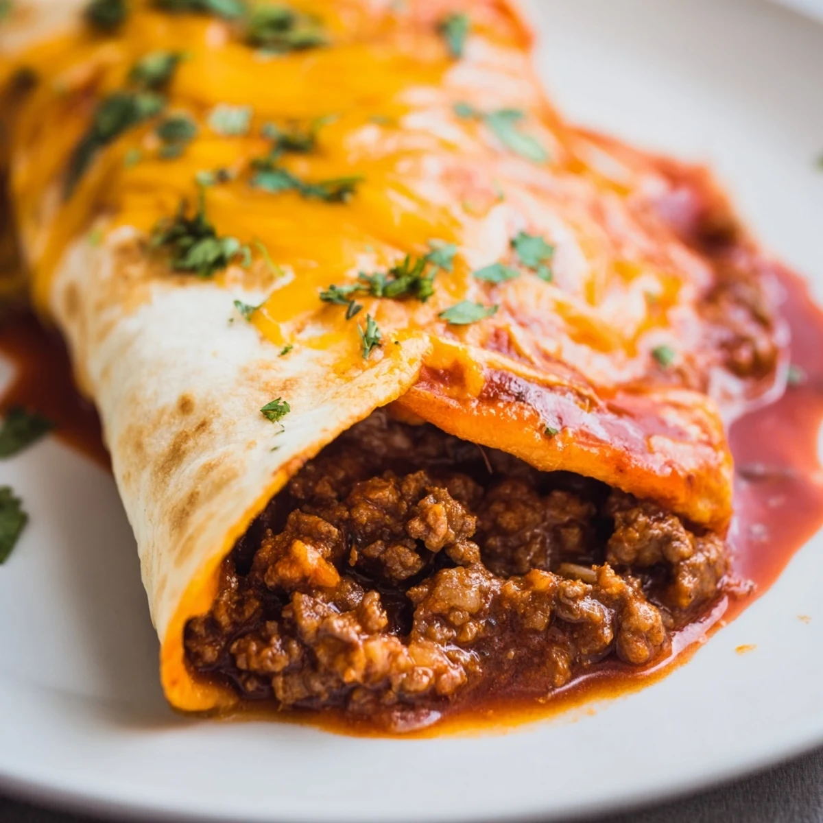 Freshly baked Beef Enchiladas with Red Enchilada Sauce garnished with cilantro, ready to serve for dinner.