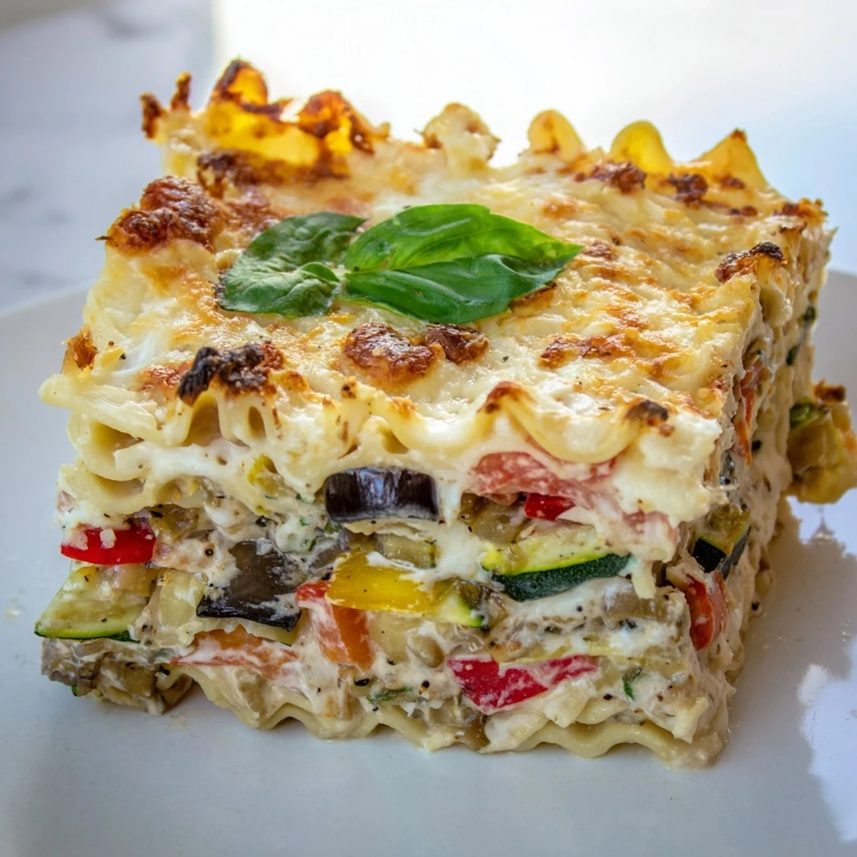 Golden-brown slices of Roasted Vegetable Lasagna with White Sauce showcase creamy béchamel and caramelized veggies on a white plate.