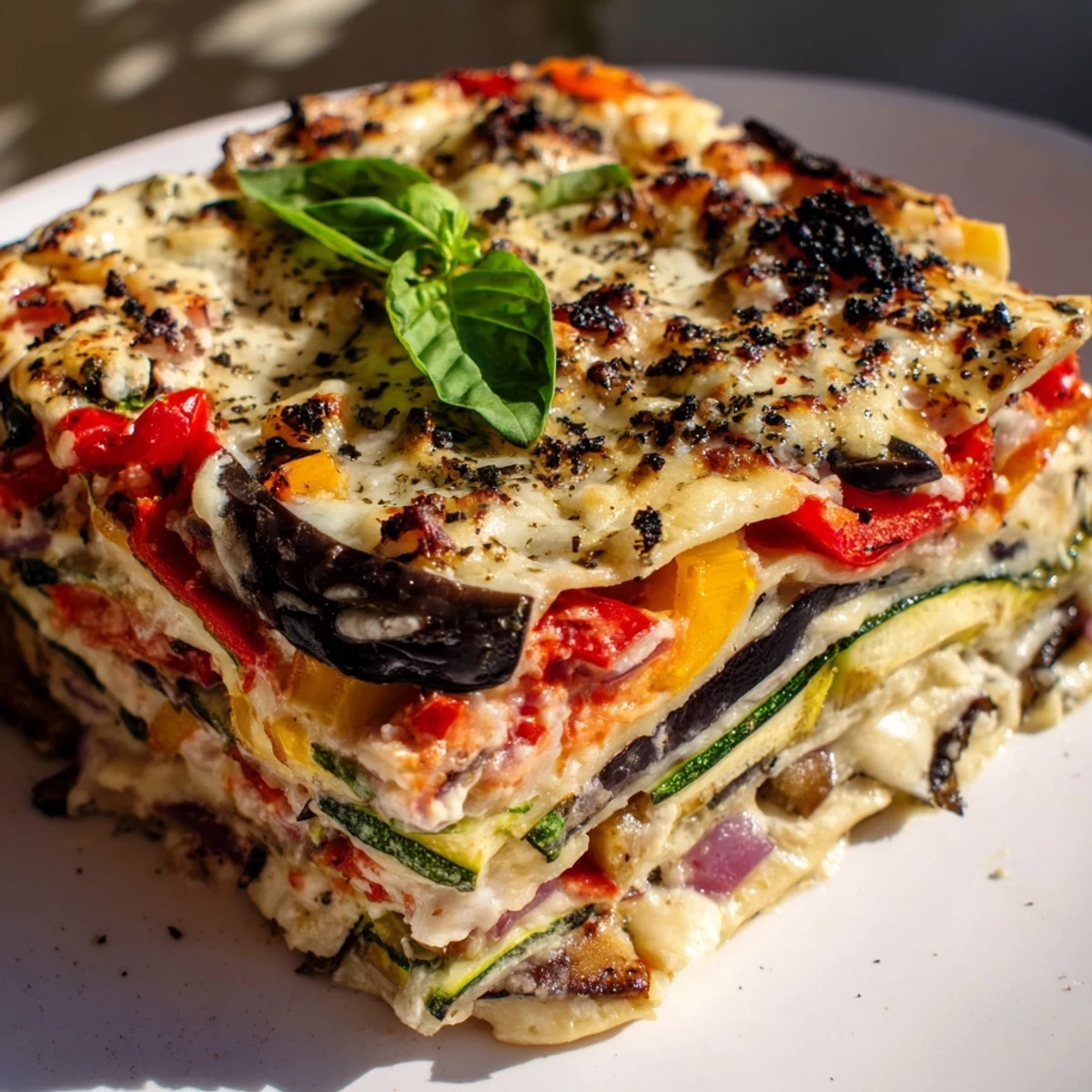 A close-up reveals layers of tender pasta, creamy white sauce, and colorful roasted vegetables in this hearty vegetarian main.