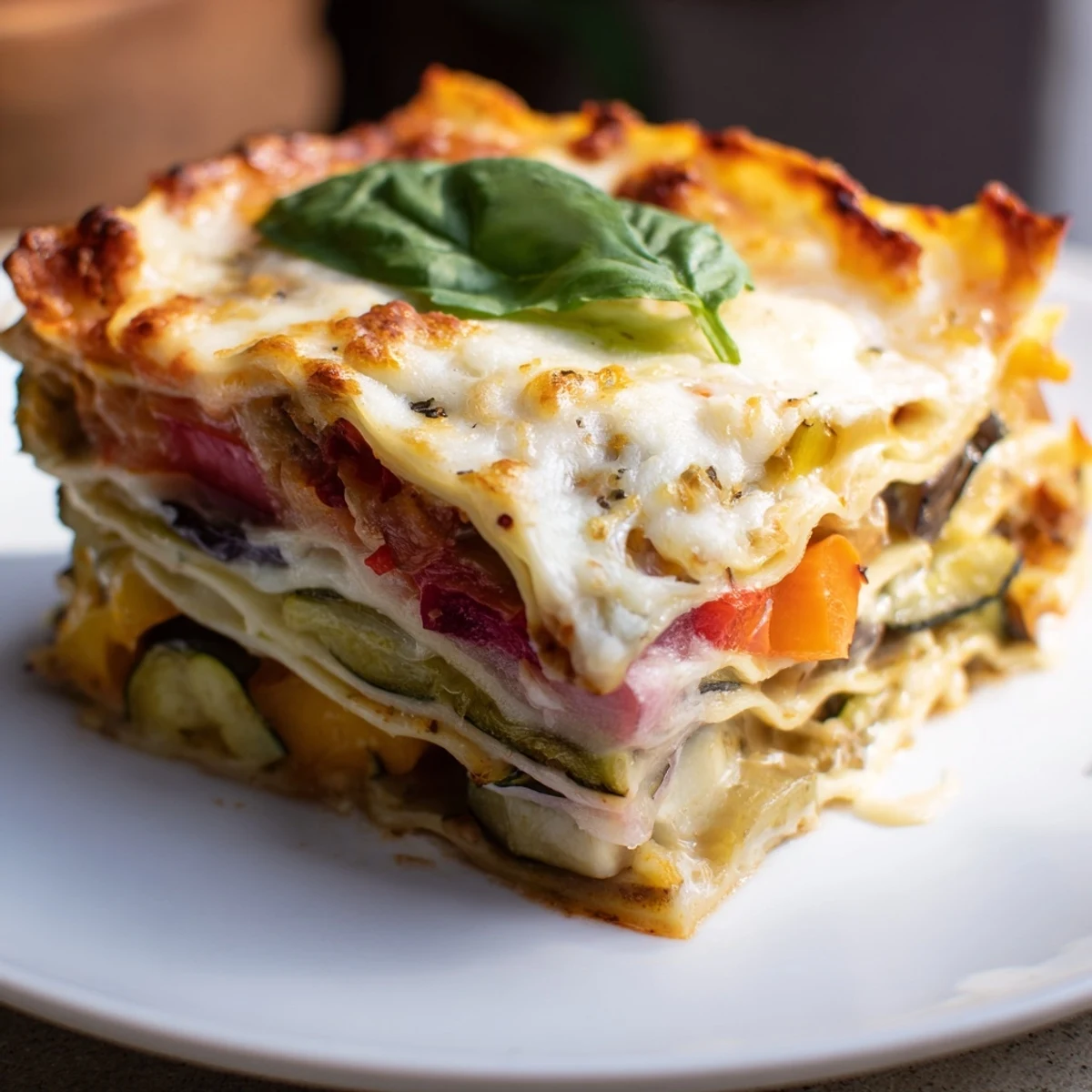 Steam rises from a freshly baked Roasted Vegetable Lasagna with White Sauce, topped with melted mozzarella and fresh basil.