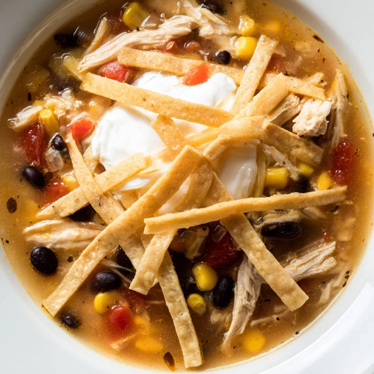 A close-up shows golden baked tortilla strips and melted cheese on top of hearty Chicken Tortilla Soup.