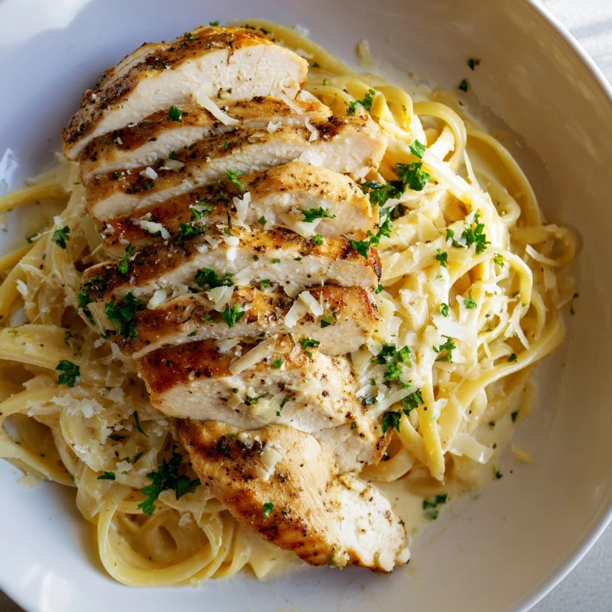 Golden chicken slices rest atop a bed of creamy Alfredo Pasta, garnished with fresh parsley for serving.