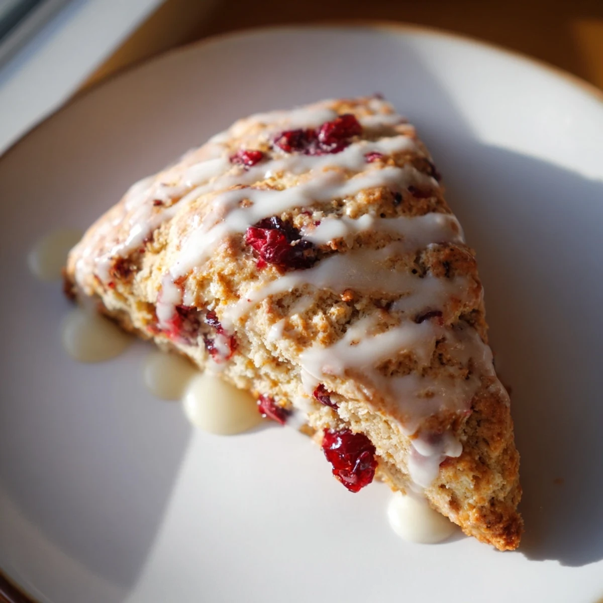 Freshly baked Cranberry Orange Scones with a glossy orange zest glaze, served warm on a rustic wooden table.