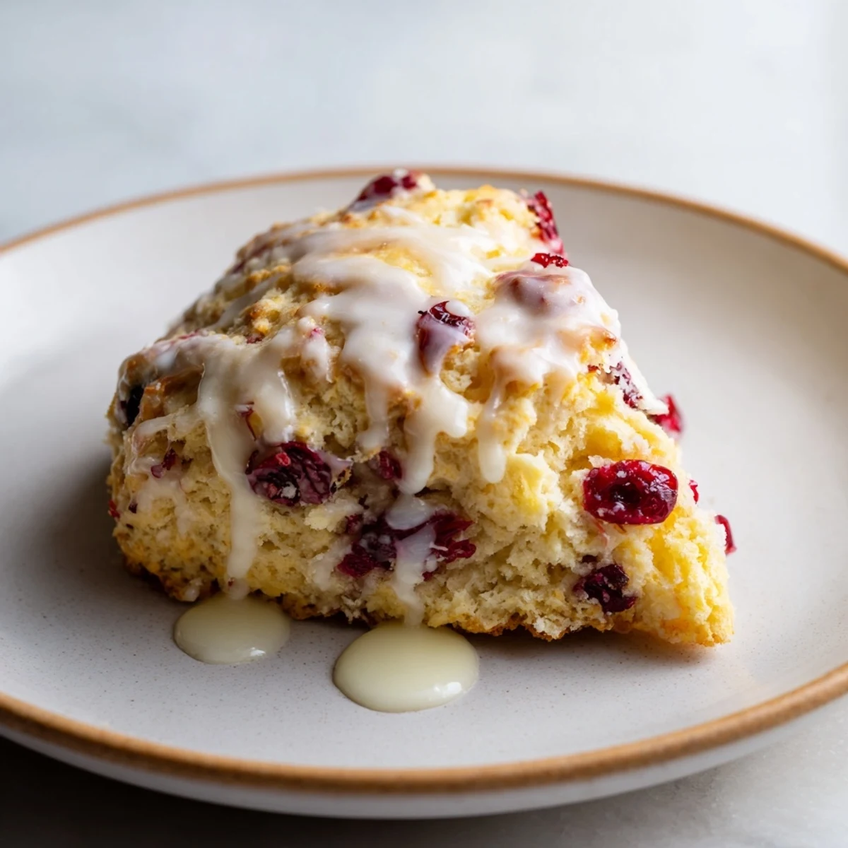 Tender Cranberry Orange Scones on a plate with orange slices and steaming tea, ready for a cozy breakfast.