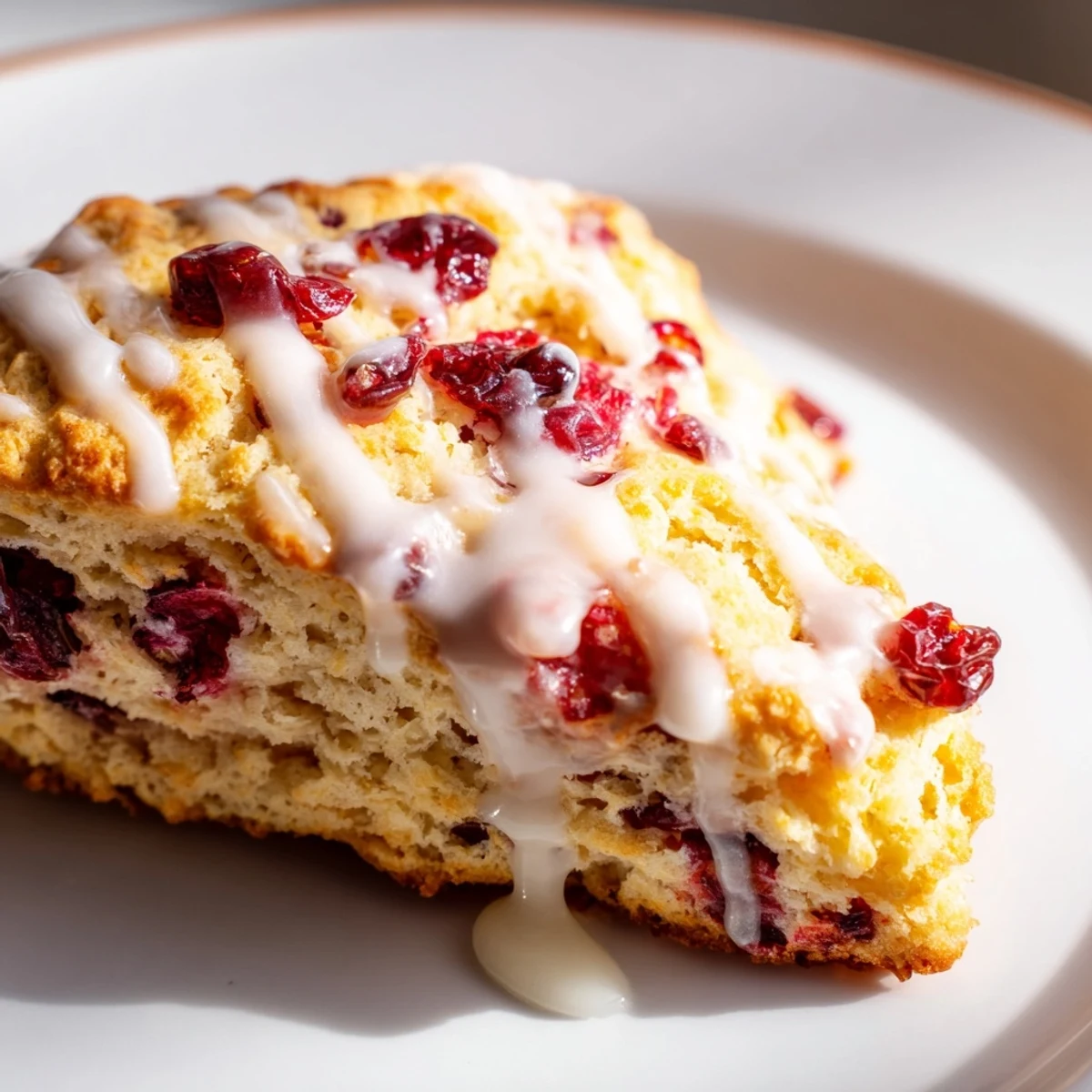 Golden-brown Cranberry Orange Scones drizzled with sweet glaze, topped with fresh cranberries and zesty orange peels.