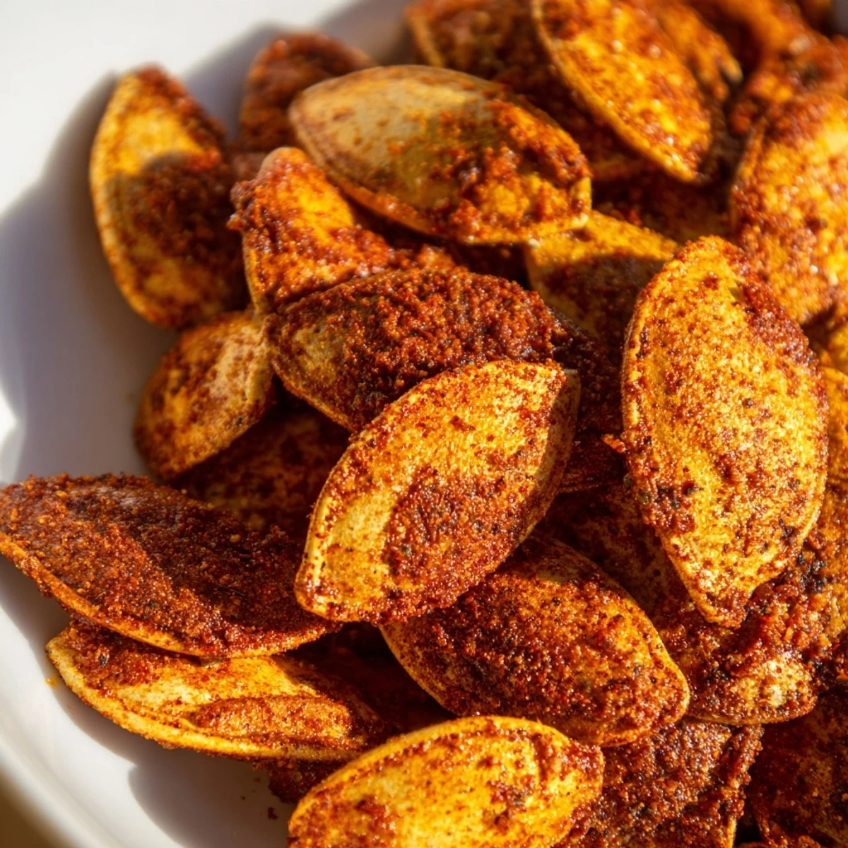 Close-up of golden, crispy Spiced Pumpkin Seeds with Salt spread on a parchment-lined baking sheet, with spices sprinkled beside them.