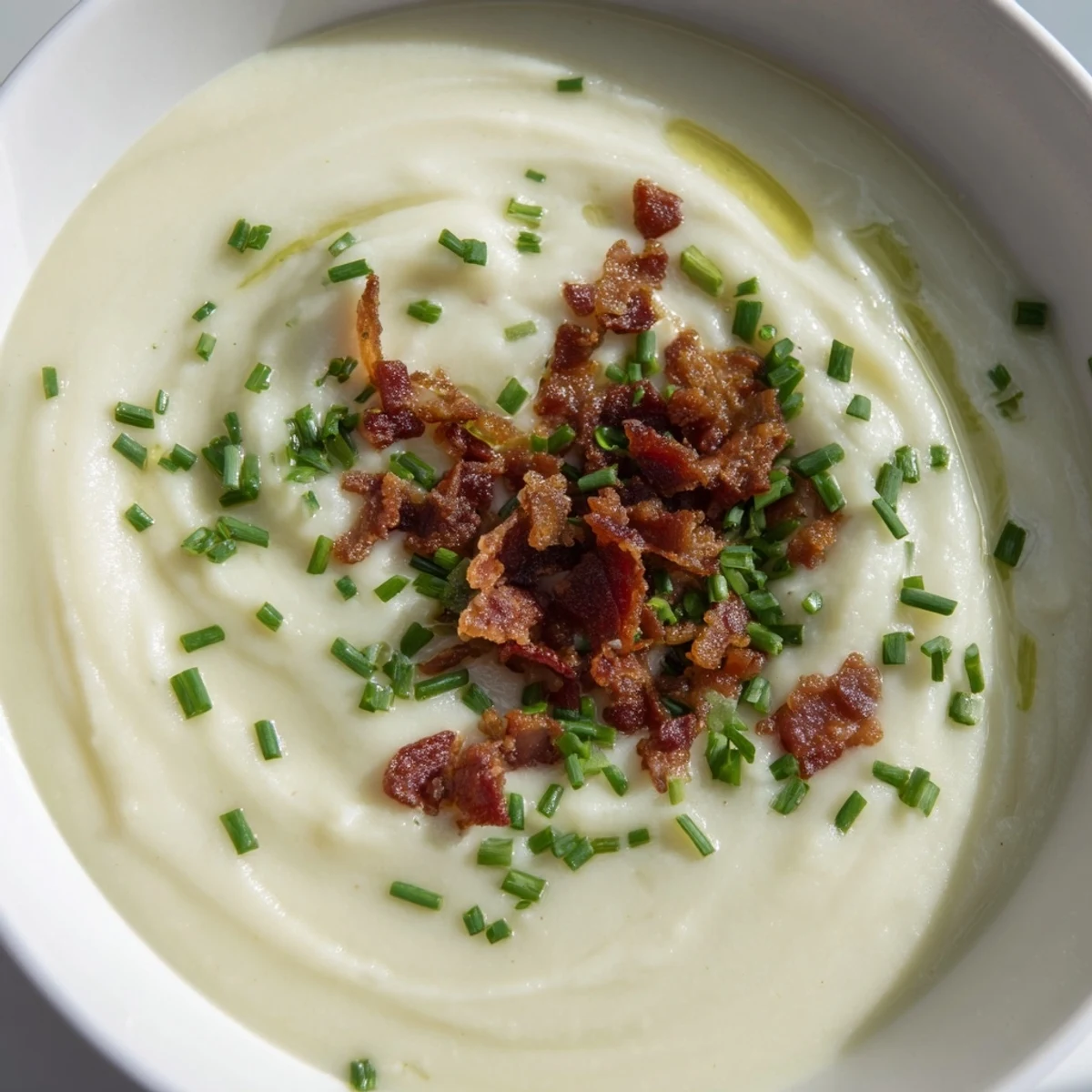 Velvety Creamy Potato Leek Soup with Crispy Turkey Bacon served in a white bowl, featuring golden bacon crumbles and herbs.
