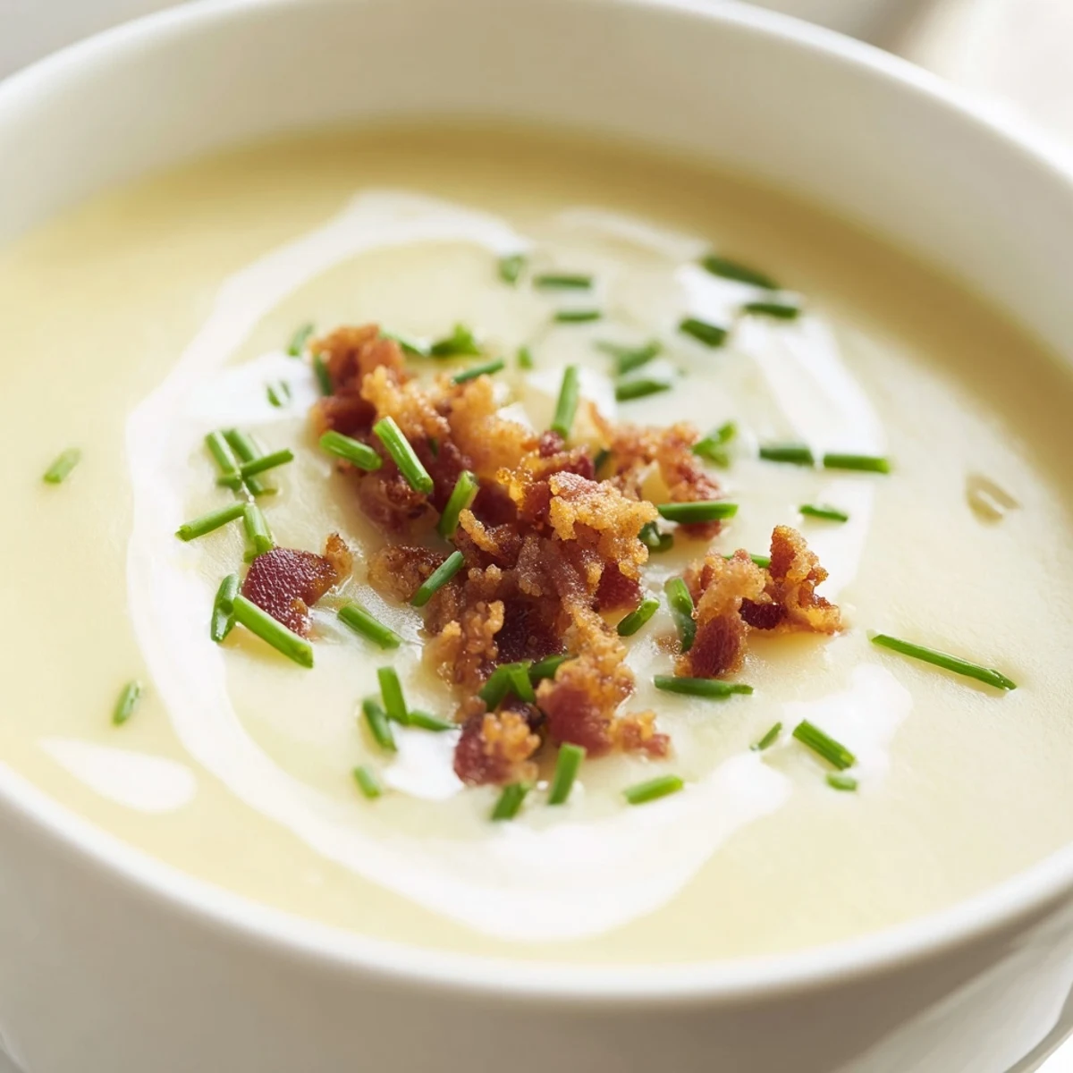 Creamy Potato Leek Soup with Crispy Turkey Bacon garnished with fresh green chives, steaming in a rustic bowl.