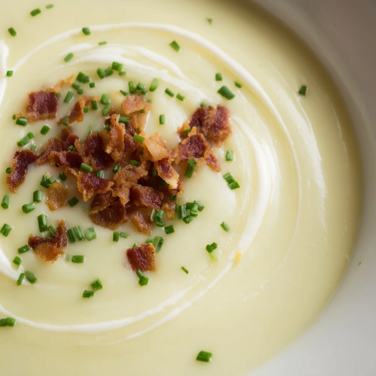 A warm bowl of Creamy Potato Leek Soup with Crispy Turkey Bacon topped with fresh chives, ready to be served.