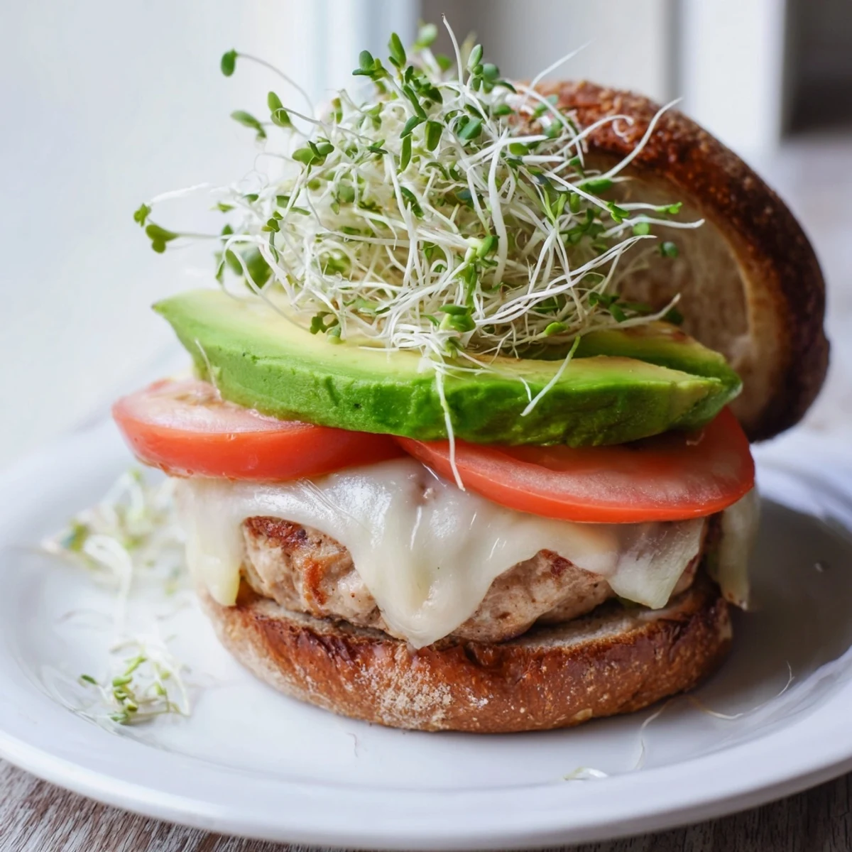Melted Swiss cheese and creamy avocado slices top a juicy turkey burger, accompanied by crisp sprouts on a toasted bun.