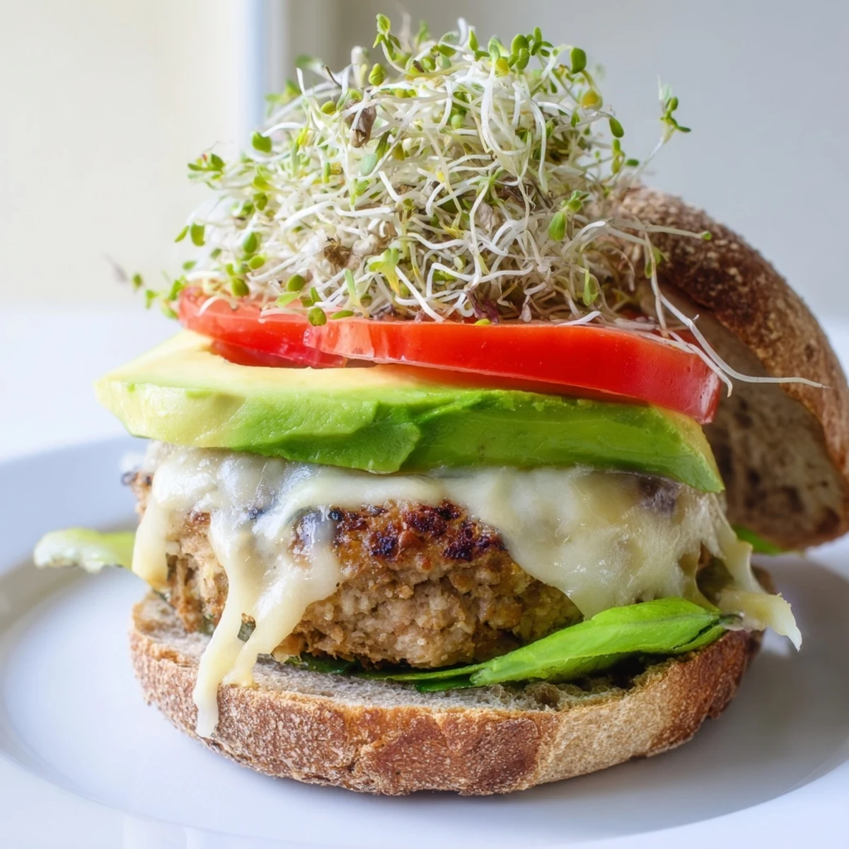 A close view of a delicious Turkey Burger with Avocado, Swiss Cheese, and Sprouts on a plate, ready to eat.