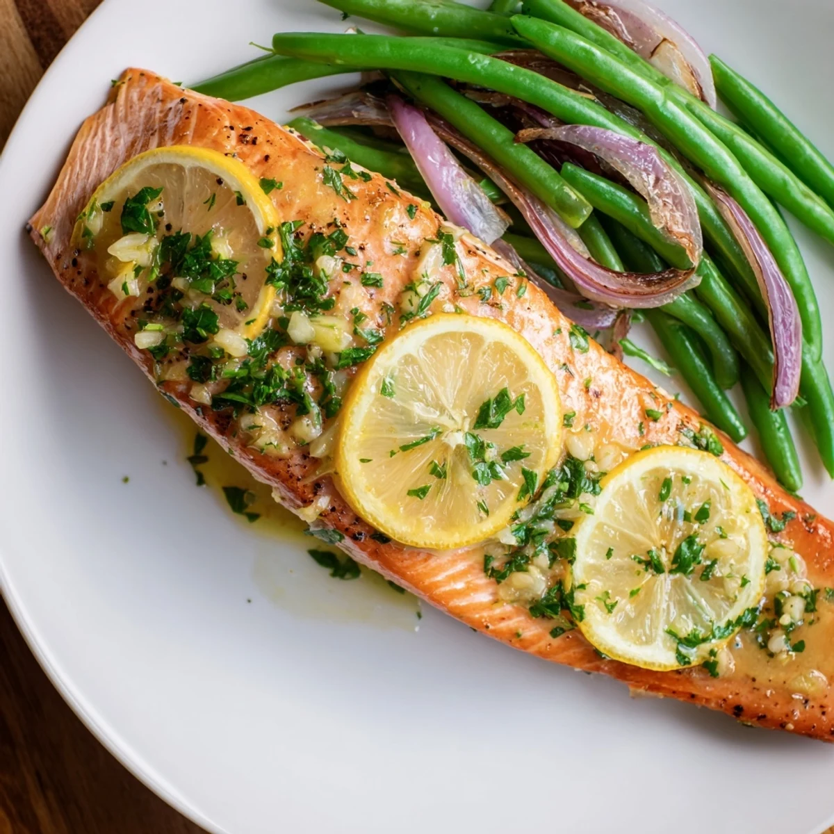 Crisp green beans and tender salmon fillets roasted with lemon butter sauce on a parchment-lined sheet pan.