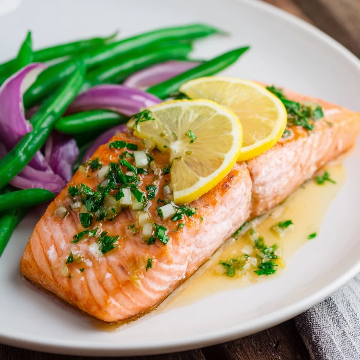 Sheet Pan Salmon and Green Beans with Lemon Butter paired with a glass of white wine on a dinner table.