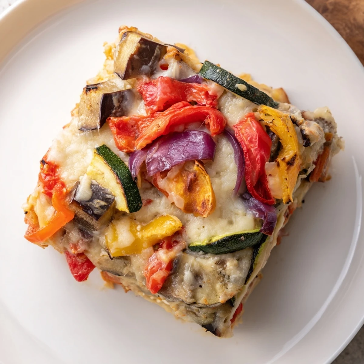 Golden-brown Roasted Vegetable Lasagna with Creamy Bechamel Sauce, bubbling with cheese in a rustic baking dish.