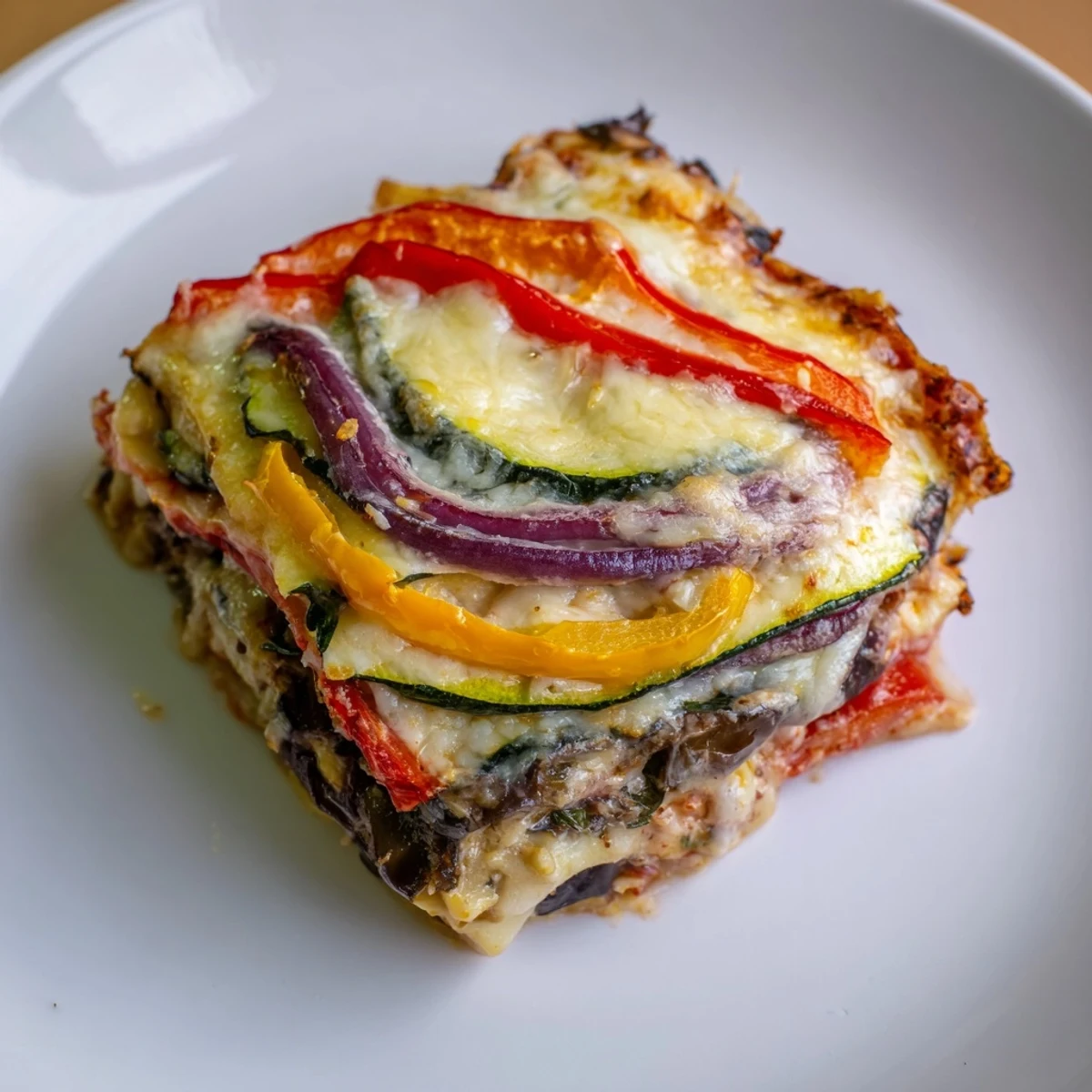 Fork-ready slice of Roasted Vegetable Lasagna with Creamy Bechamel Sauce on a plate next to fresh salad.