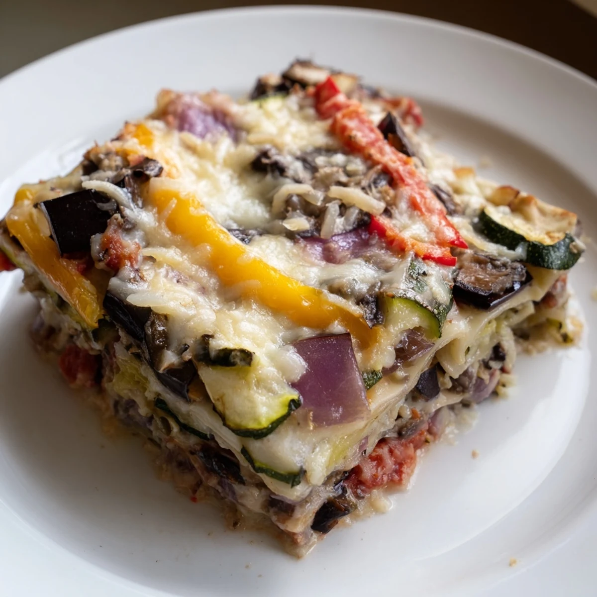 Steaming Roasted Vegetable Lasagna with Creamy Bechamel Sauce layers featuring roasted peppers, eggplant, and zucchini.