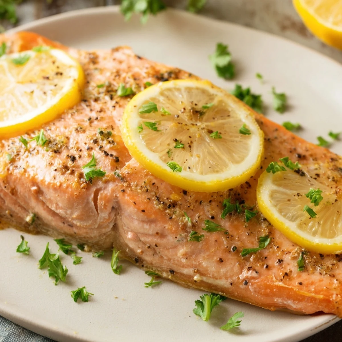 Freshly baked lemon pepper salmon served with lemon wedges and chopped parsley, perfect alongside a crisp green salad.