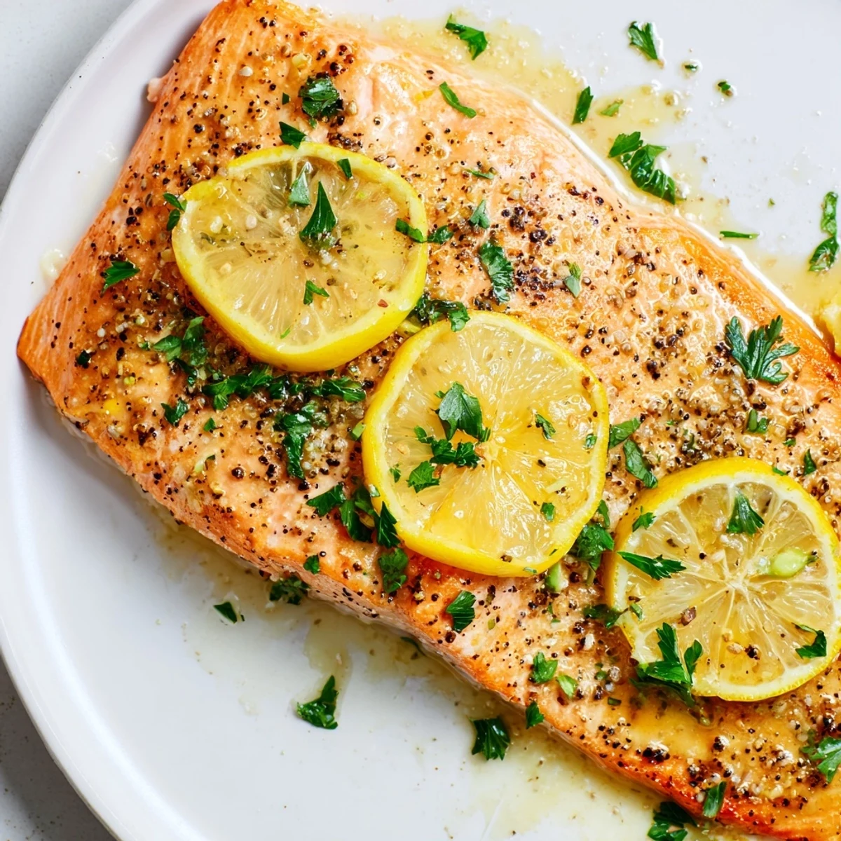 Flaky, oven-baked salmon fillets brushed with olive oil and zesty lemon pepper seasoning on a parchment-lined sheet pan.