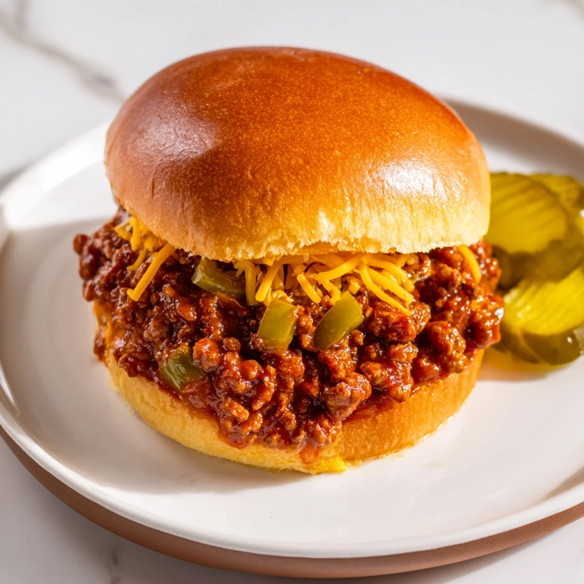 Golden-toasted burger buns cradle a generous scoop of savory, saucy Beef Sloppy Joes, garnished with a crisp dill pickle slice.