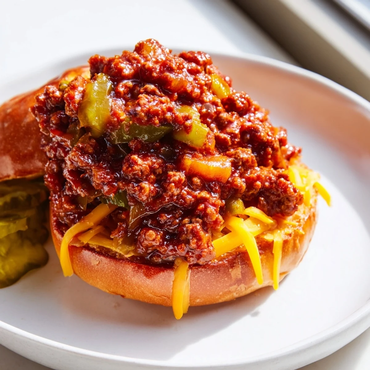 Freshly made Beef Sloppy Joes piled high on a toasted brioche bun, featuring a rich, tangy tomato sauce and melted cheddar cheese.
