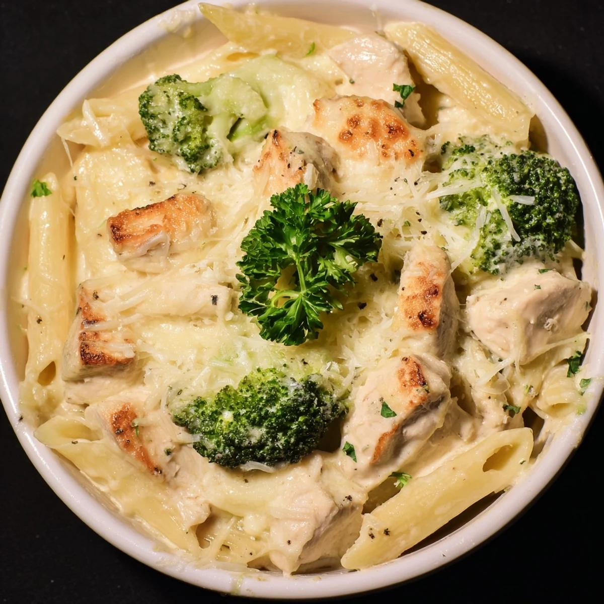 Golden, bubbly cheese tops this Chicken Alfredo Bake with Broccoli and Cheese, featuring creamy pasta and tender chicken on a plate.