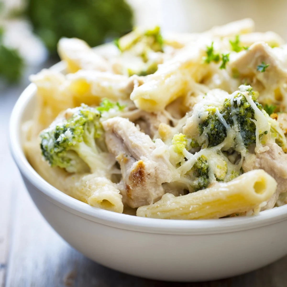 Steam rises from a slice of Chicken Alfredo Bake with Broccoli and Cheese, revealing tender broccoli florets and rich Alfredo sauce.