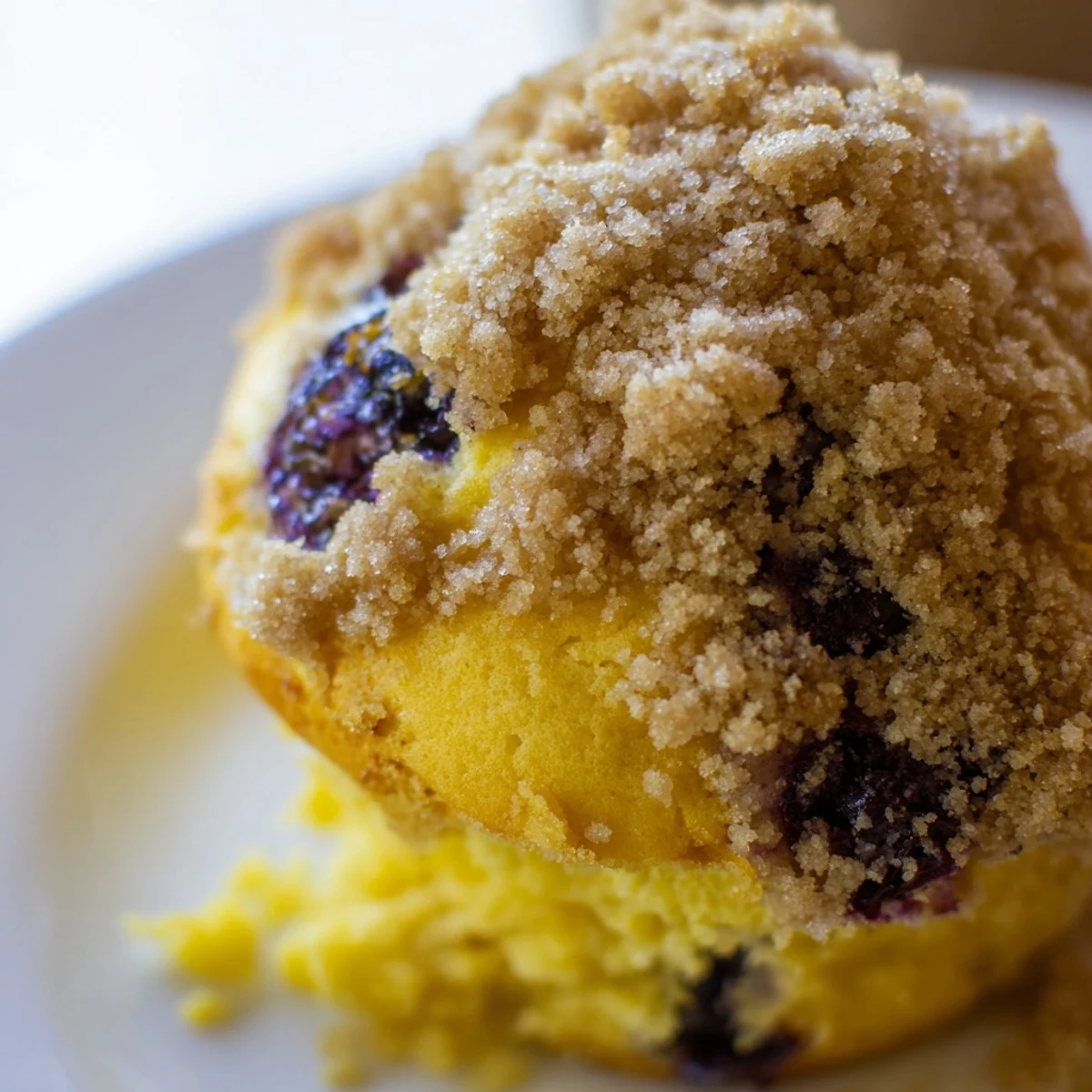 Freshly baked Lemon Blueberry Muffins with Streusel Crumb Topping sit on a wire cooling rack, releasing steam.